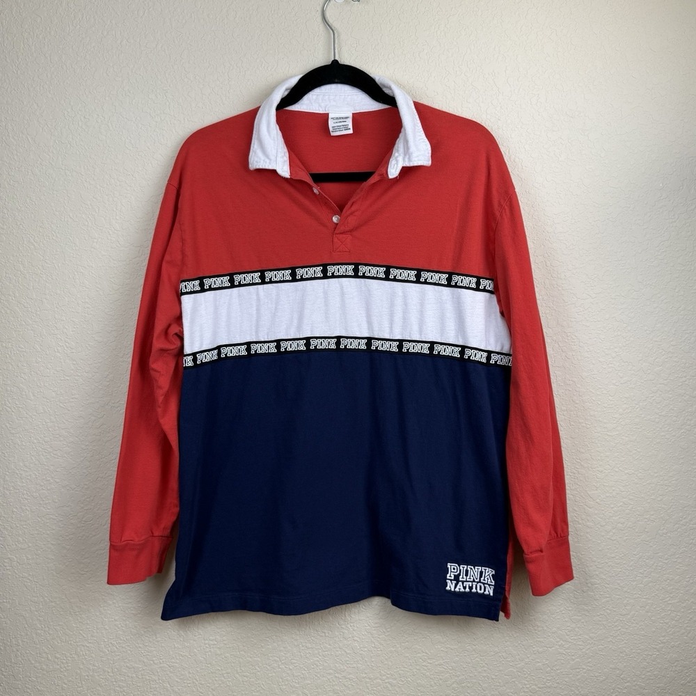 Victorias Secret PINK Women Rugby Red White Blue Polo Long Sleeve Colorblock Top